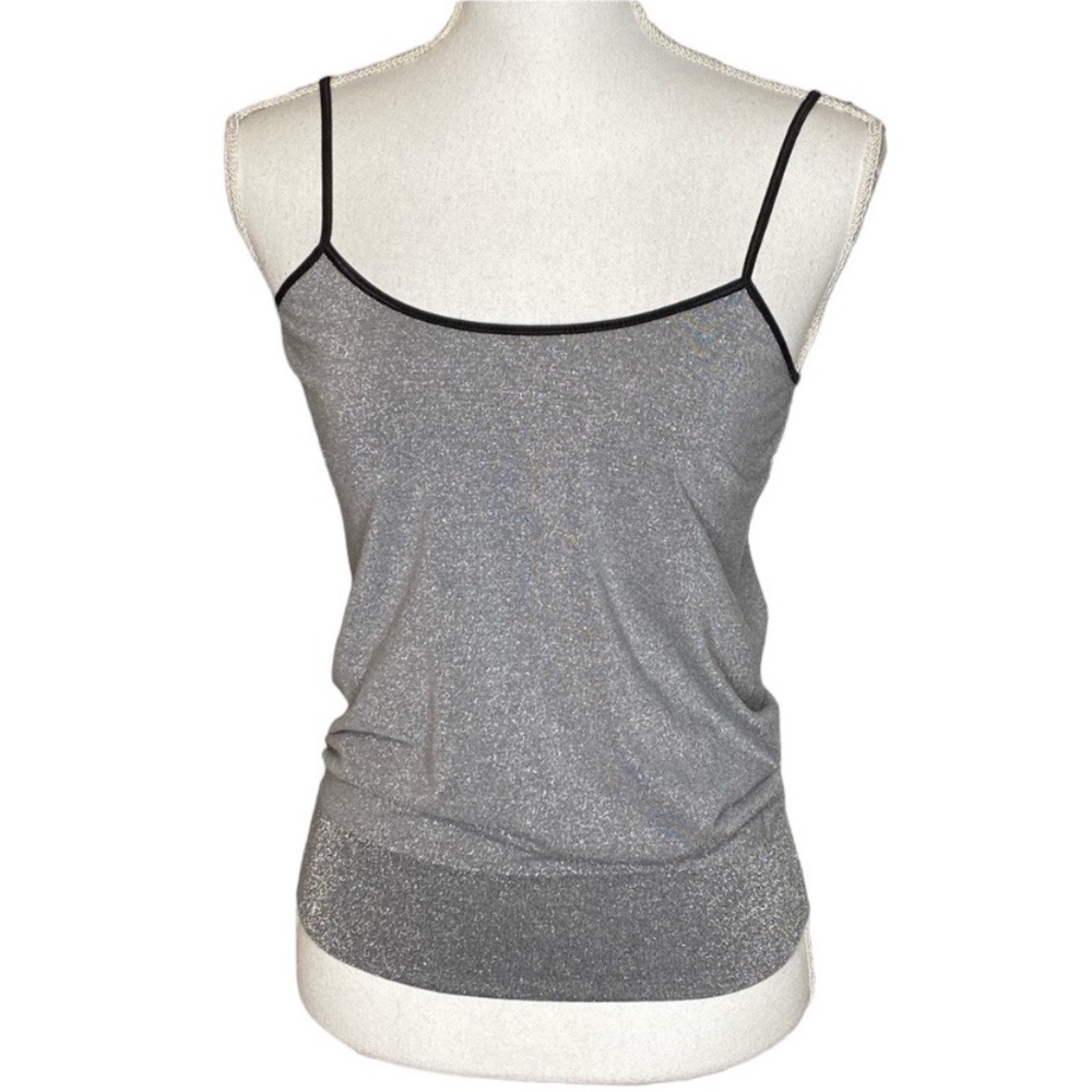 bebe Silver Metallic Glitter Spaghetti Strap Tank Top with Black Trim